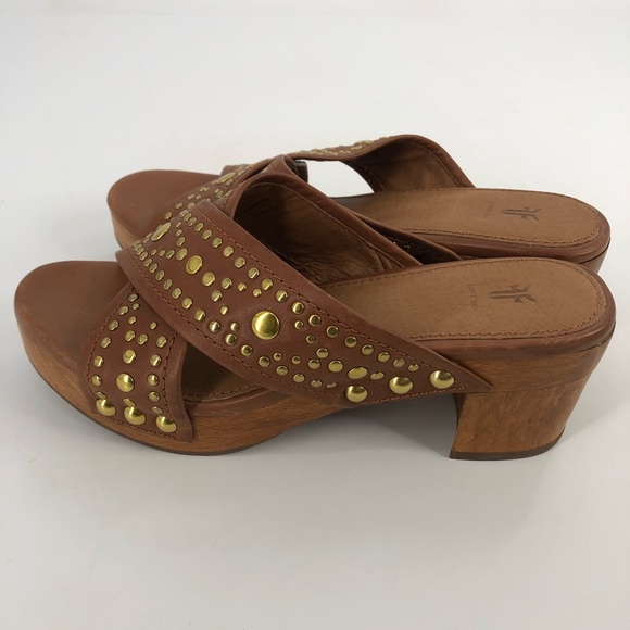 Frye Fiona Tan Gold Studded Mules / Sandals - Picture 4 of 6